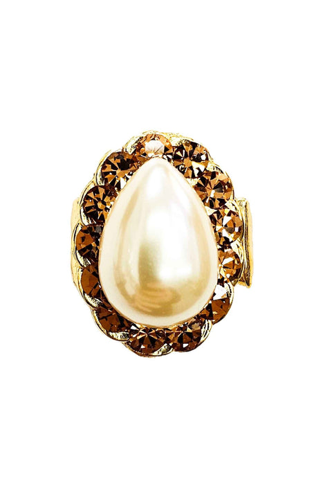 Anel Saraya dourado com perola e strass light colorado topaz