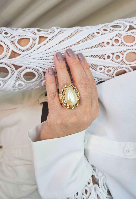 Anel Saraya dourado com perola e strass light colorado topaz