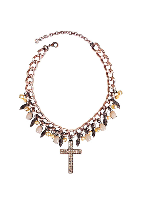 Colar Condessa vintage com pedras e pingente de crucifixo gold quartz