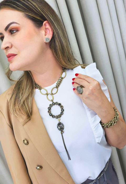 Colar Sheo ouro velho com pingente e pedras black diamond