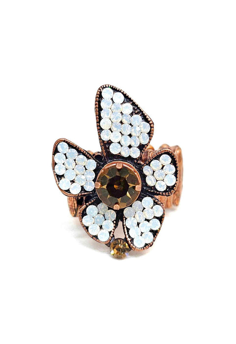 Anel de flor Fabir com strass opal banhado no vintage