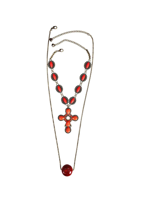 Colar Relíquia com pedras corais pingente de crucifixo e elos e correntes ouro velho