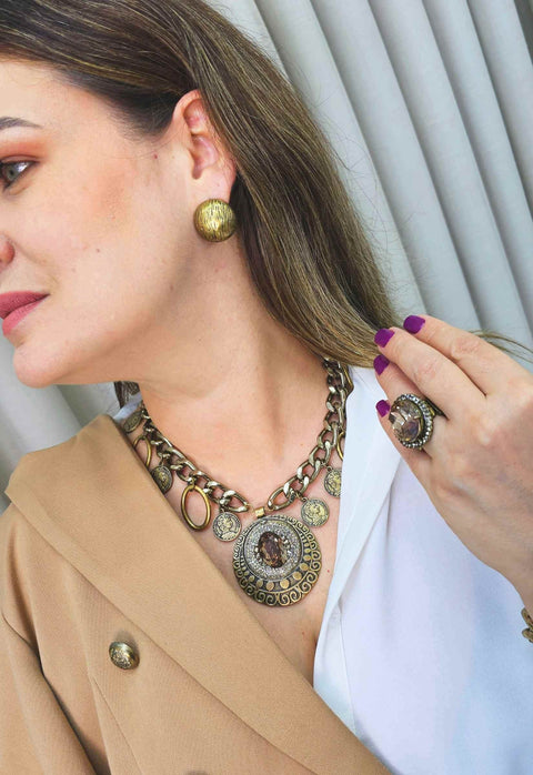 Maxi colar Dominique com pingentes em ouro velho e strass black diamond