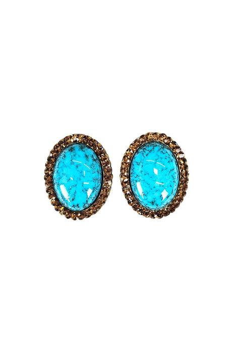 Brinco Oceana Luz oval com pedra azul strass Smoked banhdo no ouro velho