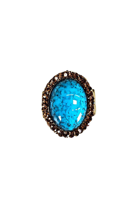 Anel Oceana Luz oval com pedra azul strass Smoked banhdo no ouro velho