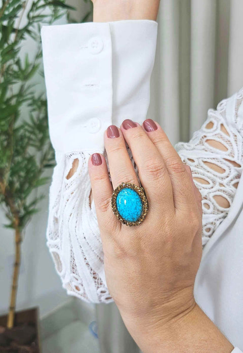 Anel Oceana Luz oval com pedra azul strass Smoked banhdo no ouro velho