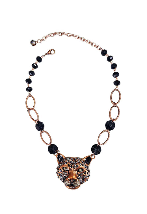 Colar Hera vintage com pingente de onça pedras pretas e strass hematite