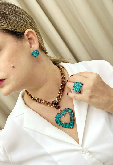 Maxi colar de coração Isla no banho vintage com pedras blue zircon