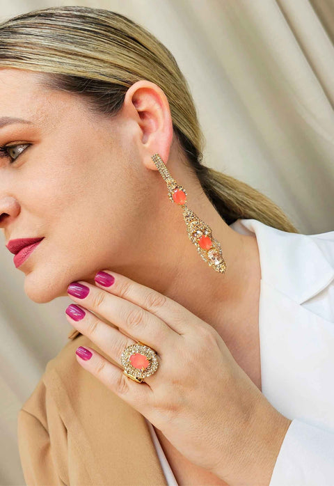 Maxi brinco Radiante com pedras salmão banhado no dourado