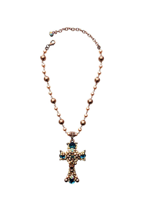 Maxi colar Ravi de crucifixo com perolas vintages e azuis