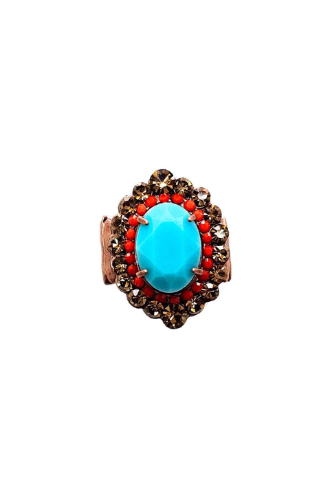 Anel Ambaris com pedra azul e strass coral e marrom