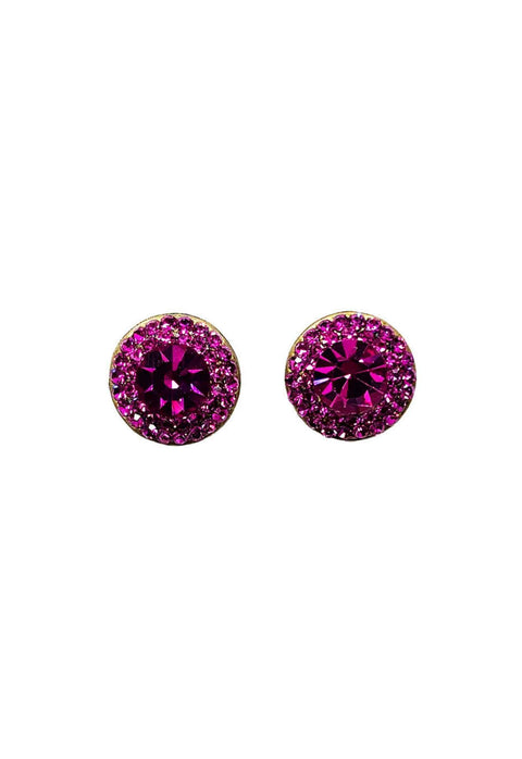 Brinco Maria Isabel oval com pedras fuchsias banhado no ouro velho