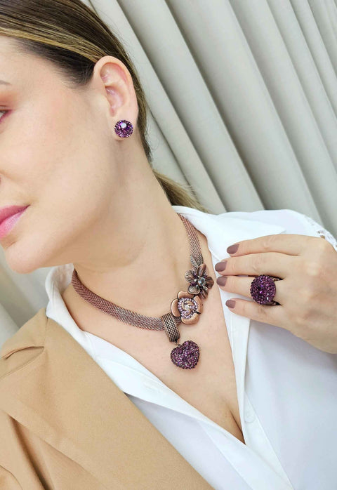 Colar lauren com flor ametista e pingente de coração vintage