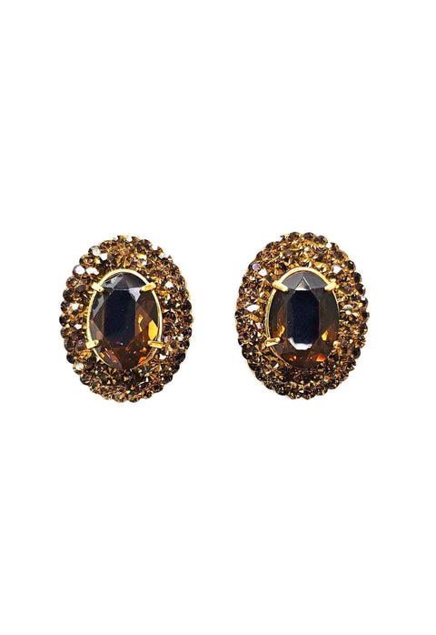 Brinco Gerusa gold oval com pedras marrom banhado no dourado