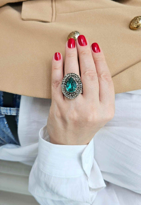 Anel Distinção prata oval com pedra verde e black diamond