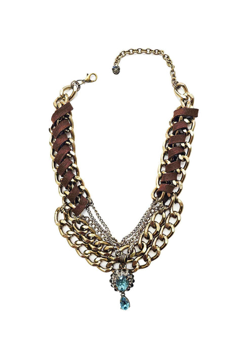 Colar Helena vintage com pedras azuis e correntes ouro velho