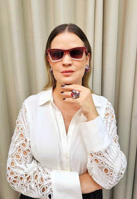 Óculos de Sol Juliana de acetato degrade vermelho e nude com lentes de proteção uv