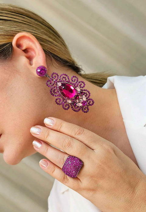 Anel Glorioso com pedras fucsias banhado no grafite