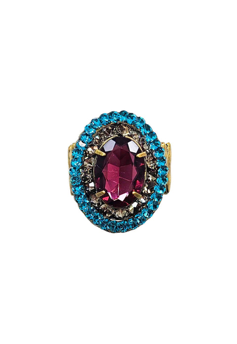 Anel Sublime oval com pedras ametista, blue zircon e black diamond banhado no ouro velho