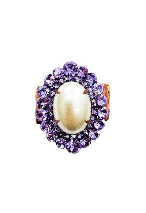 Anel Gisele oval com perola e pedras lilás banhado no vintage
