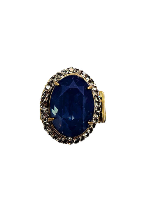 Anel Helena oval de pedra azul com black diamond banhado no ouro velho