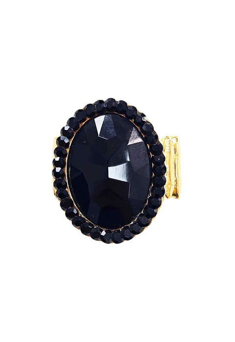 Anel Doha Black oval com pedras pretas banhado no dourado