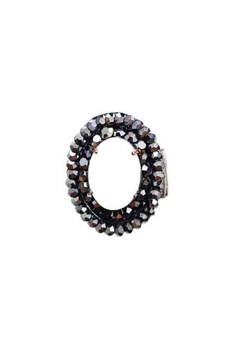 Anel Valquíria oval com pedra leitosa e strass hematite banhado no grafite