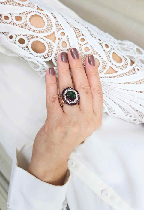 Anel Corse oval com pedra ametista verde e cristal banhado no vintage