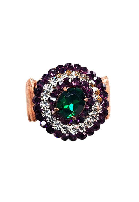 Anel Corse oval com pedra ametista verde e cristal banhado no vintage