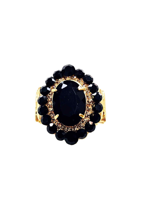 Anel Diamante Negro oval de pedras pretas banhado no dourado