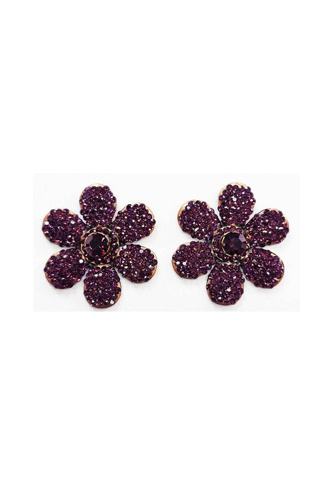 Brinco Avelina de flor com strass ametista banhado no vintage