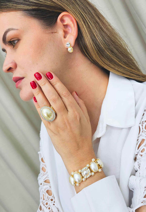 Brinco Olímpia de perolas e strass cristal banhado no dourado