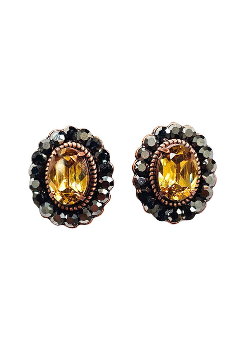 Brinco Herança oval com pedras marrom e hematite banhado no vintage
