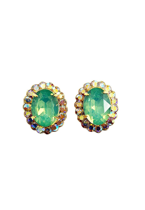 Brinco Ester menta oval com pedra menta e strass boreal banhado no dourado