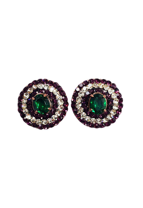 Brinco Corse redondo com pedra ametista verde e cristal banhado no vintage