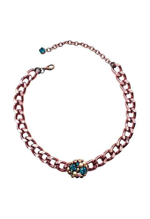 Colar choker Ravi vintage com pingente de perolas e pedras azuis