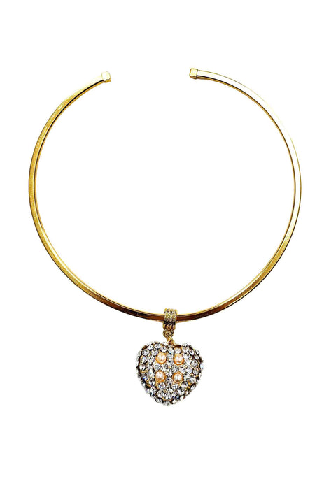 Colar de aro Magnólia com pingente de coração de pérolas com strass cristal banhado no dourado