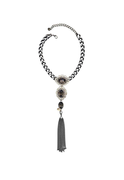 Colar Garbo grafite com pedras black diamond e franjas