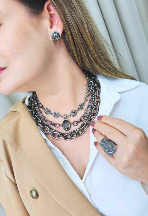 Colar Exclusividade onix com pedras black diamond e hematite e elos grafite