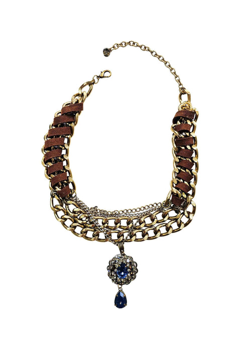 Colar Helena vintage com pedras azuis e correntes ouro velho