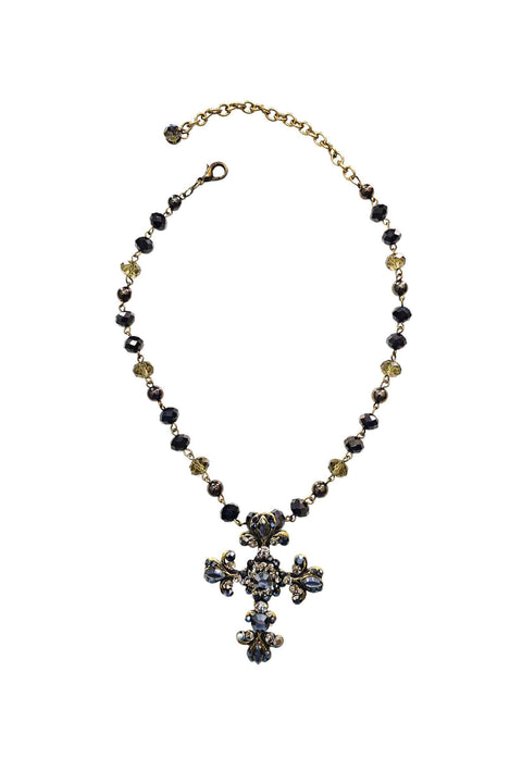 Colar Madeline ouro velho de crucifixo com pedras hematite