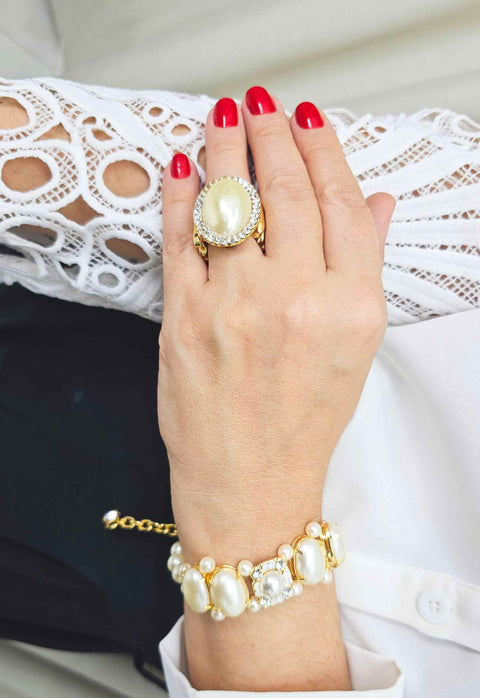 Pulseira Olímpia de perolas e strass cristal banhada no dourado