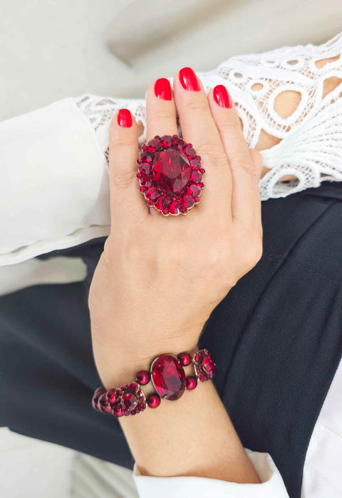 Pulseira Fátima de pedras vermelhas banhada no vintage