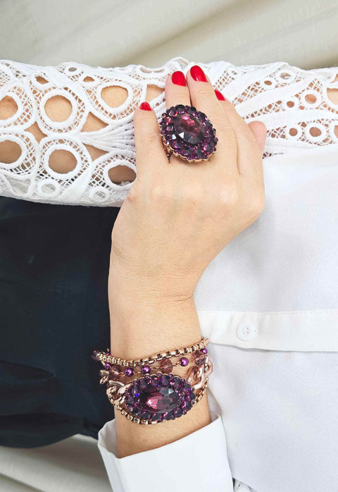 Pulseira Ametista Imperial com pingente oval e pedras ametista