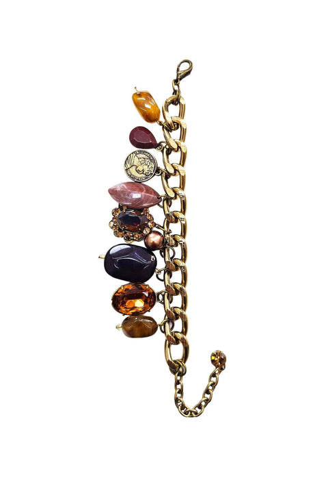 Pulseira Driade glam ouro velho com pingentes e pedras marrom