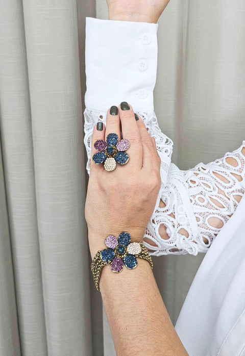 Pulseira Liz colors com pingente de flor colorida e corrente ouro velho