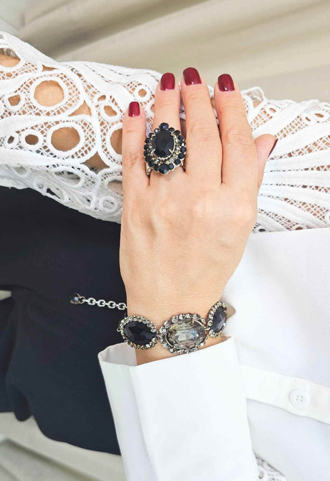 Pulseira Aconchegar black com pedras pretas banhado no prata