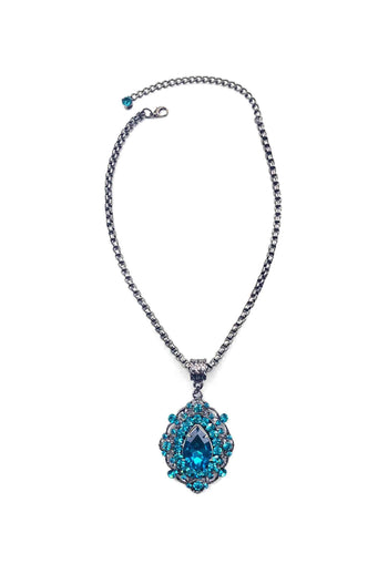 Colar Raridade com pingente de strass blue zircon e veneziana onix