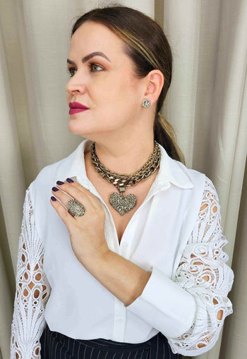 Maxi Colar Valentina ouro velho com pingente de coração black diamond