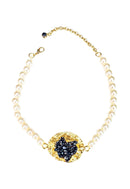 Colar Supreme com perolas e strass hematite banhado no dourado